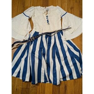 KB Rani Mimi Girls Blue White Striped Lace Bell Sleeve Dress with Belt Size 24